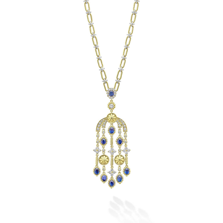 18K gold, diamonds and blue sapphire gemstones form this couture drop necklace. LAGOS diamonds are the highest quality natural stones.