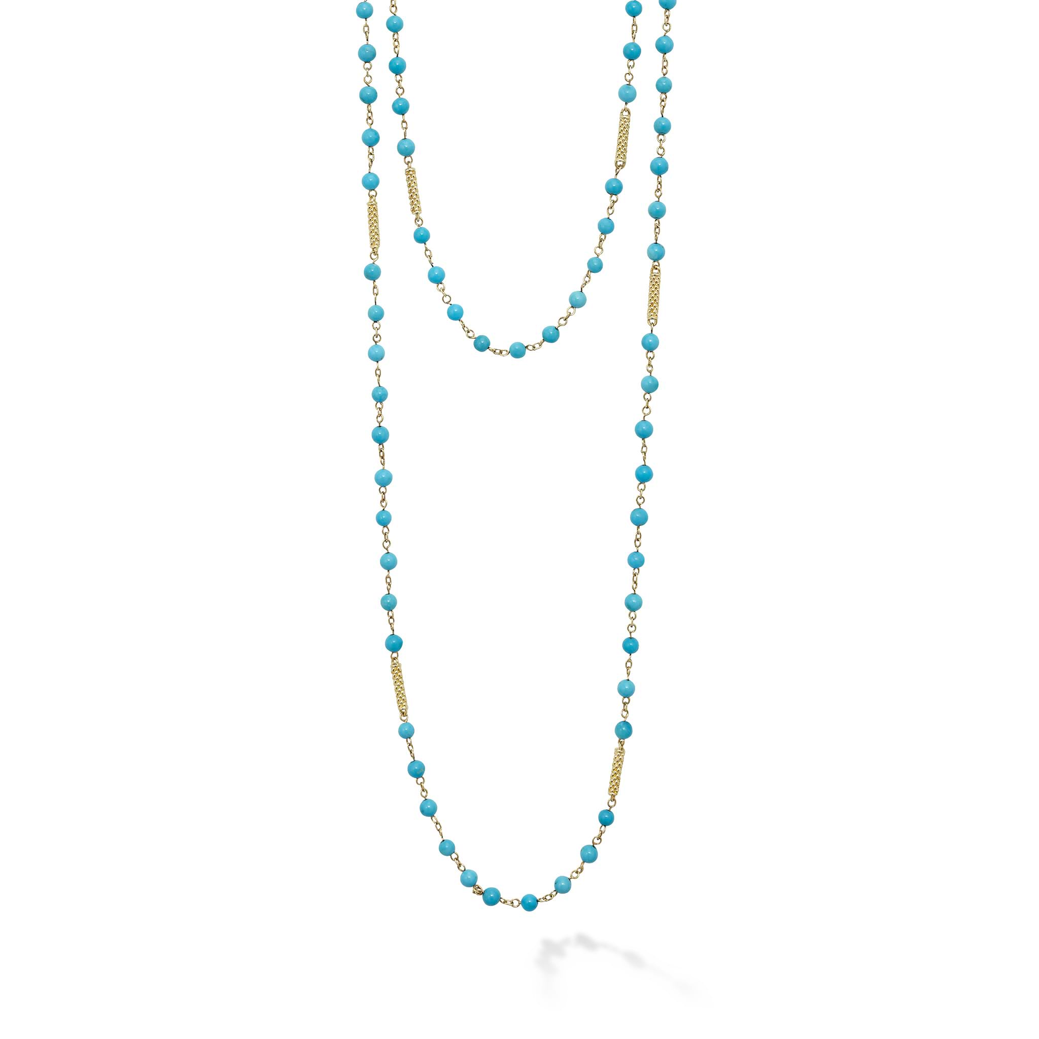 This vibrant turquoise beaded necklace is accented with 18k caviar gold beading, perfect for layering or wearing solo.