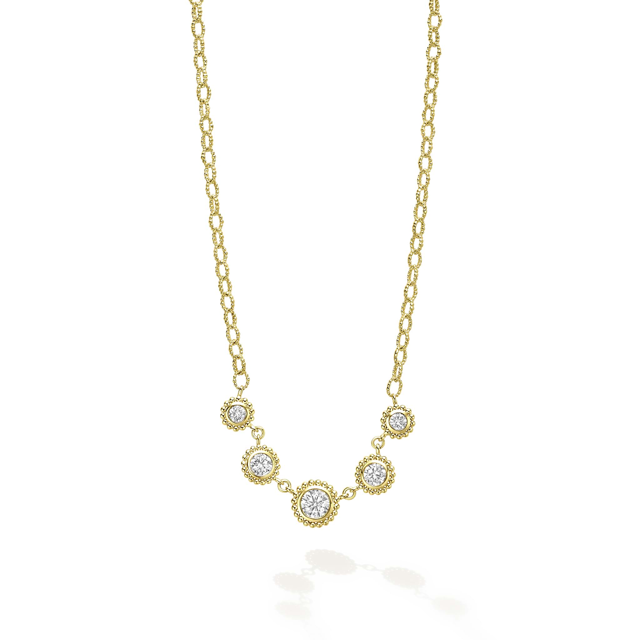 Five diamond circles surrounded by 18K gold Caviar beading forms this link necklace. LAGOS diamonds are the highest quality natural stones.