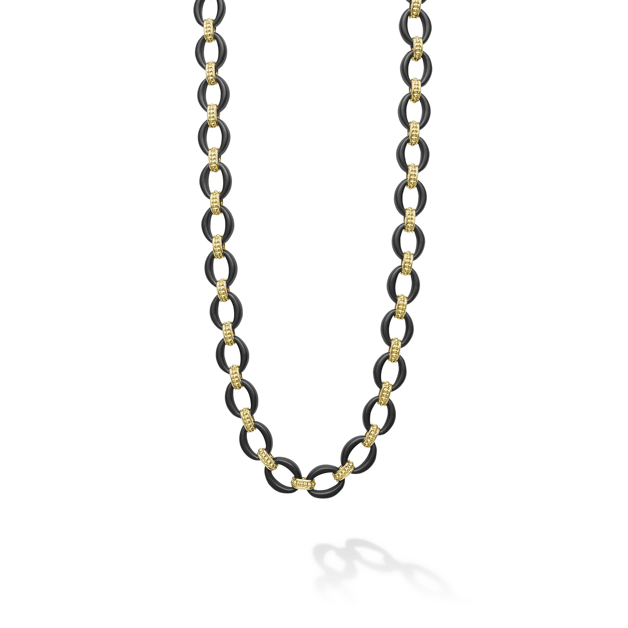 18K gold matte black ceramic oval link necklace with Caviar beaded links and lobster clasp, 7 mm width, 20–24 inch