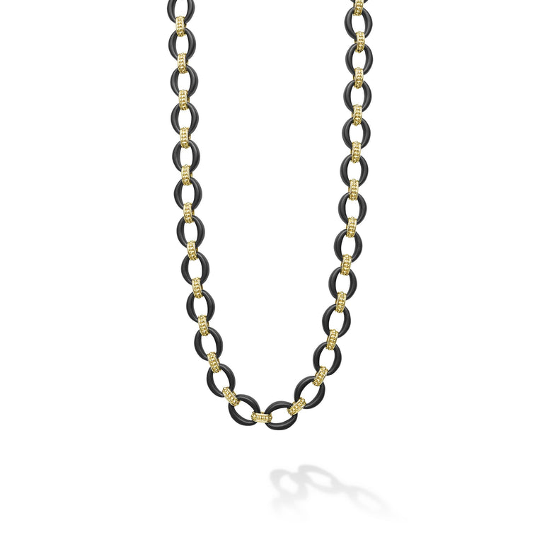 18K gold matte black ceramic oval link necklace with Caviar beaded links and lobster clasp, 7 mm width, 20–24 inch