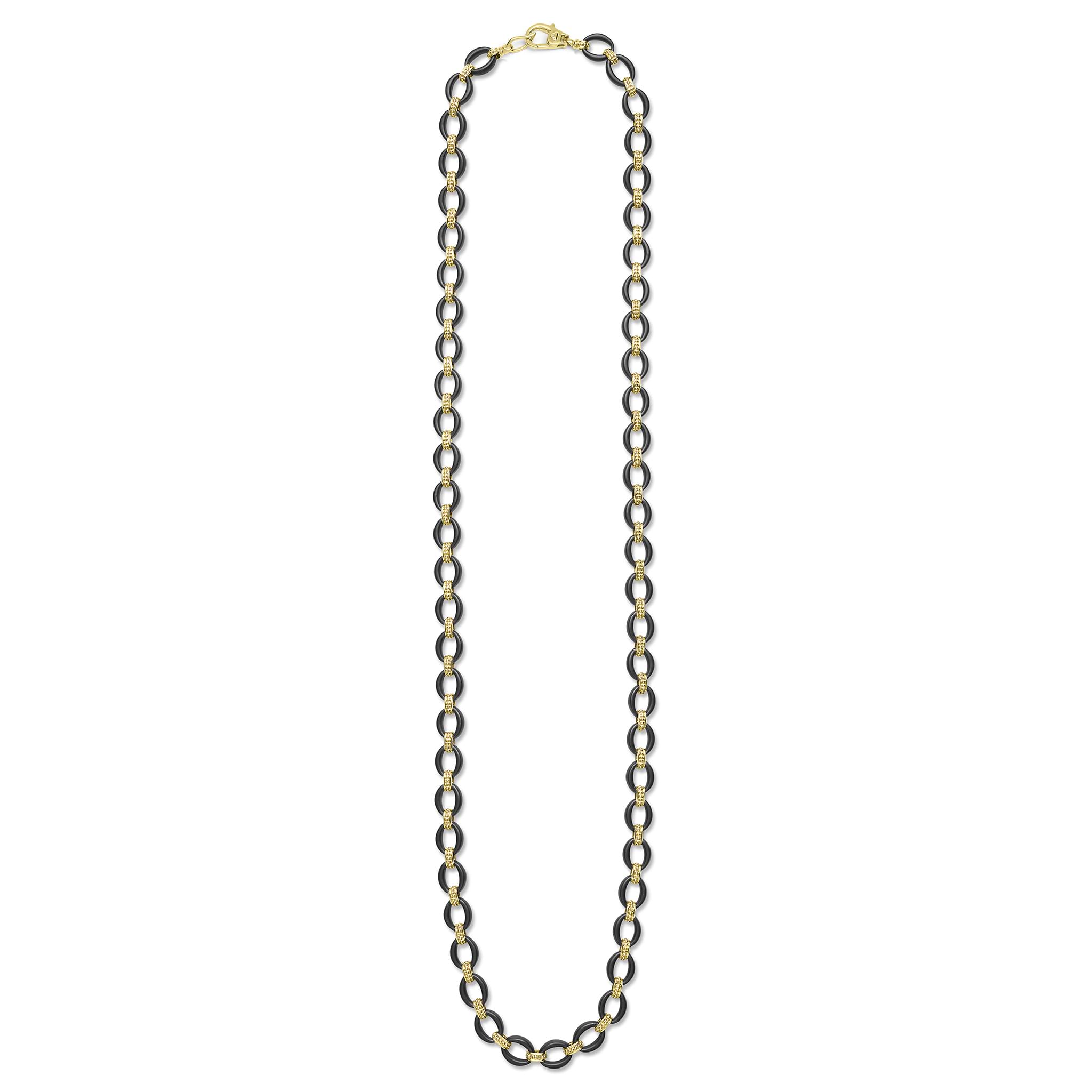 18K gold matte black ceramic oval link necklace with Caviar beaded links and lobster clasp, 7 mm width, 20–24 inch