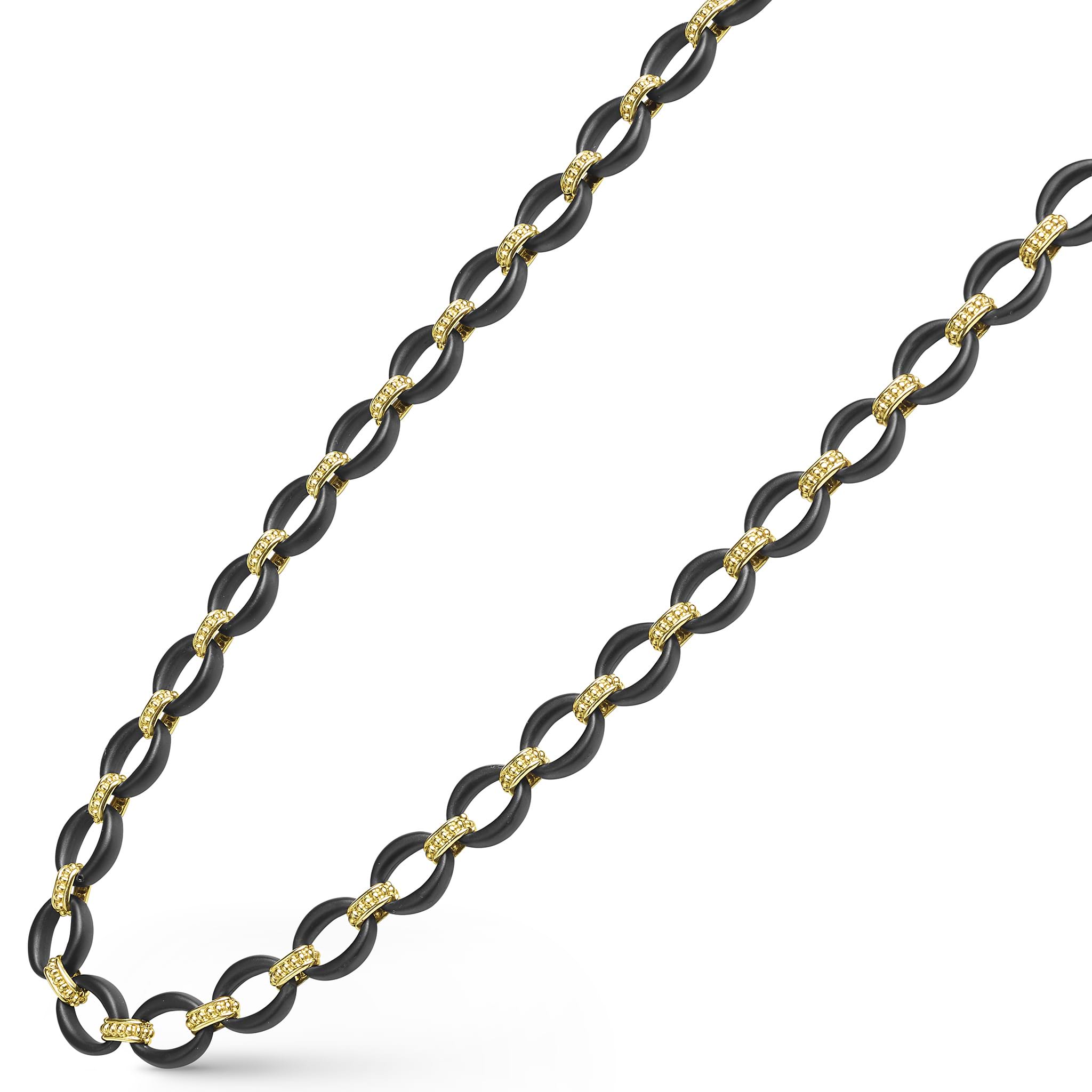18K gold matte black ceramic oval link necklace with Caviar beaded links and lobster clasp, 7 mm width, 20–24 inch