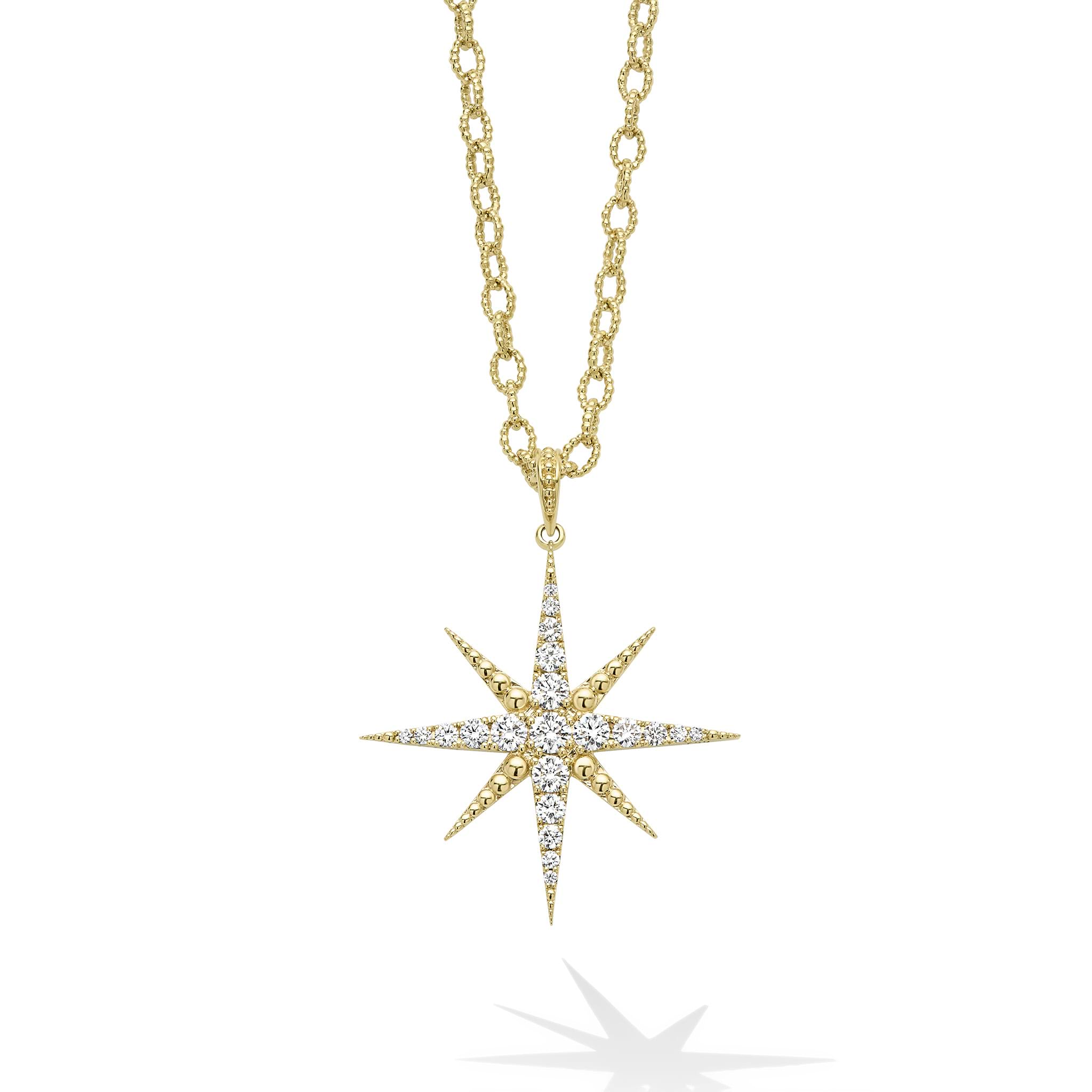 Closeup of the 18K Gold Statement Diamond Star Pendant Necklace