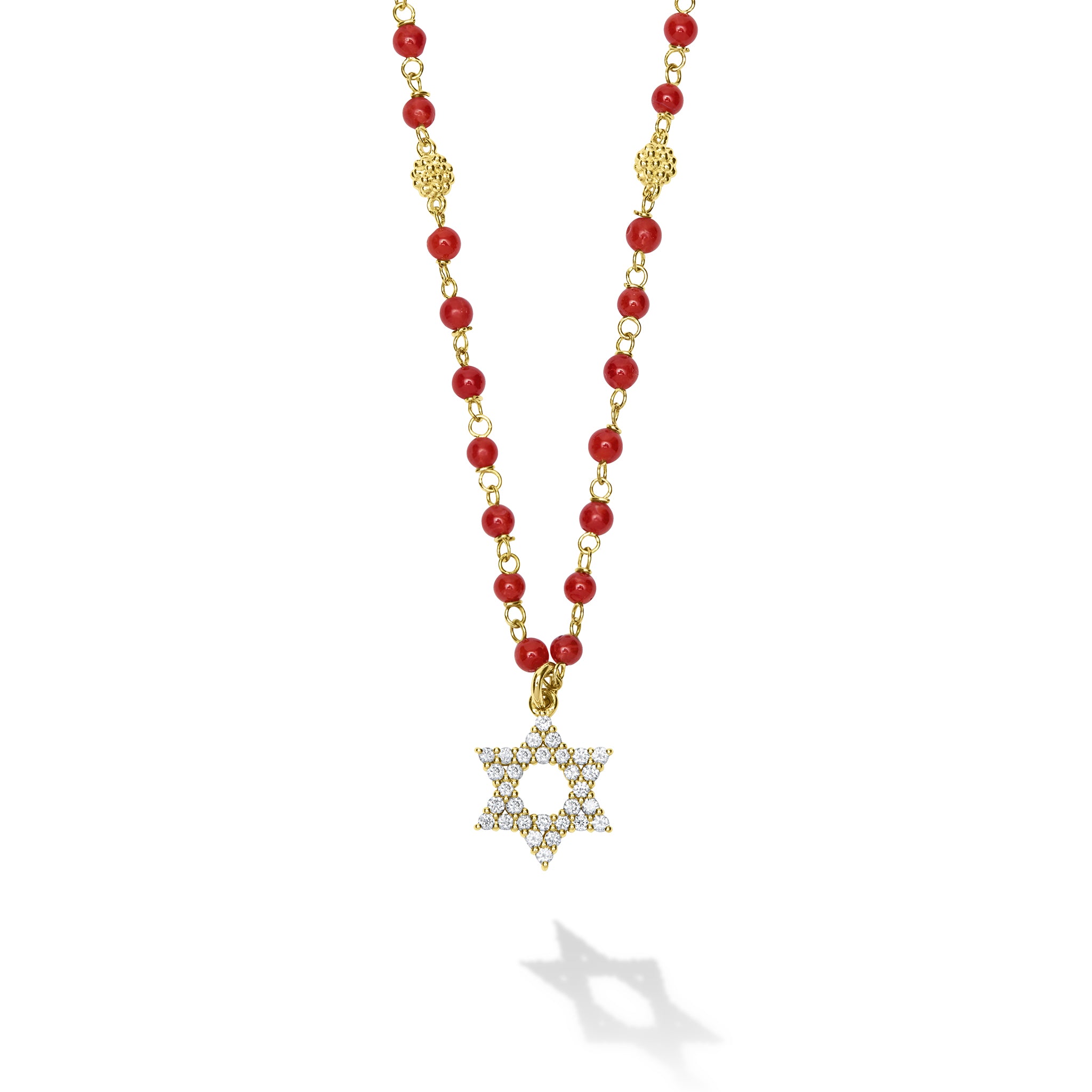 Caviar Gold 18k Gold and Coral Star of David Pendant Necklace
