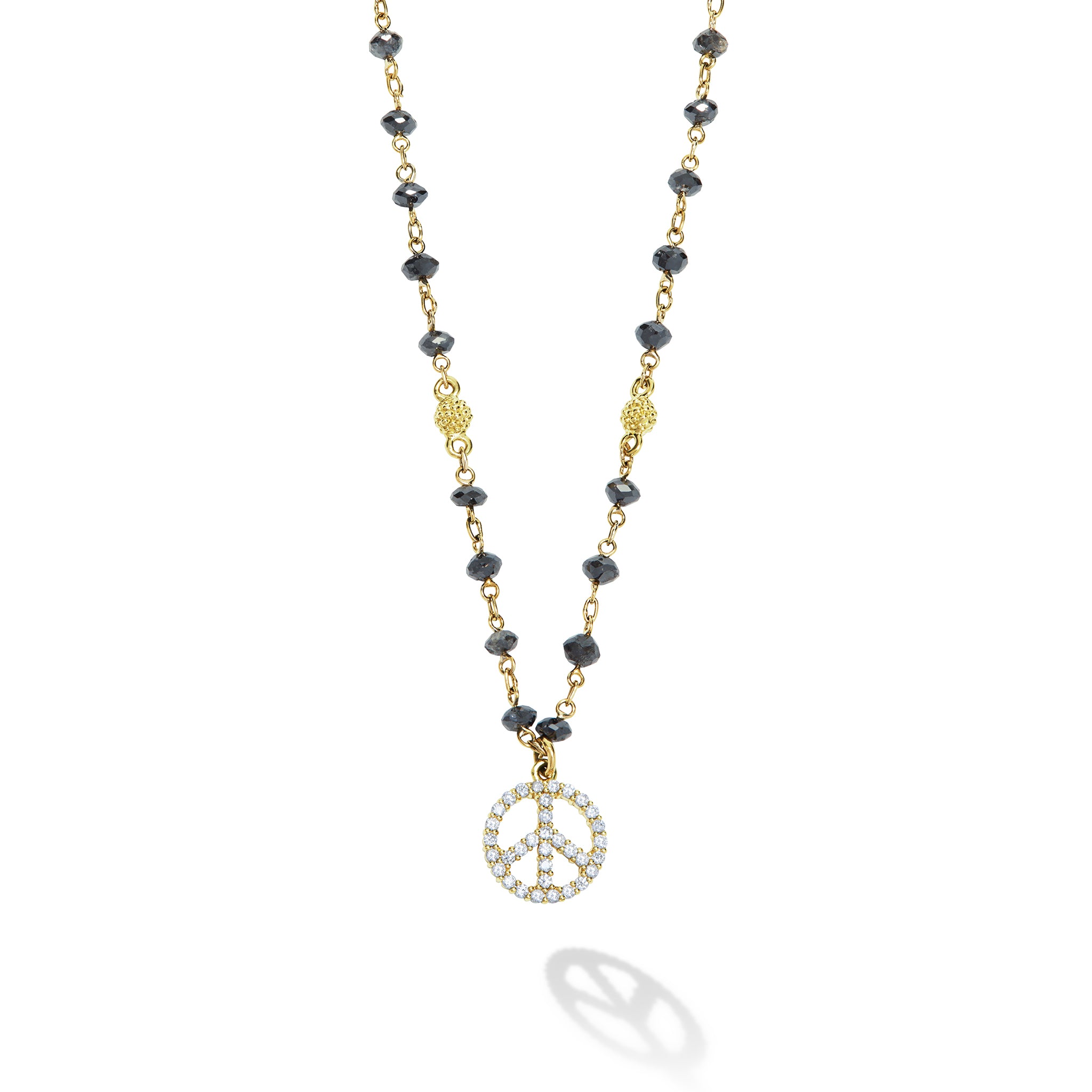 Caviar Gold 18K Gold and Black Spinel Peace Sign Pendant Necklace