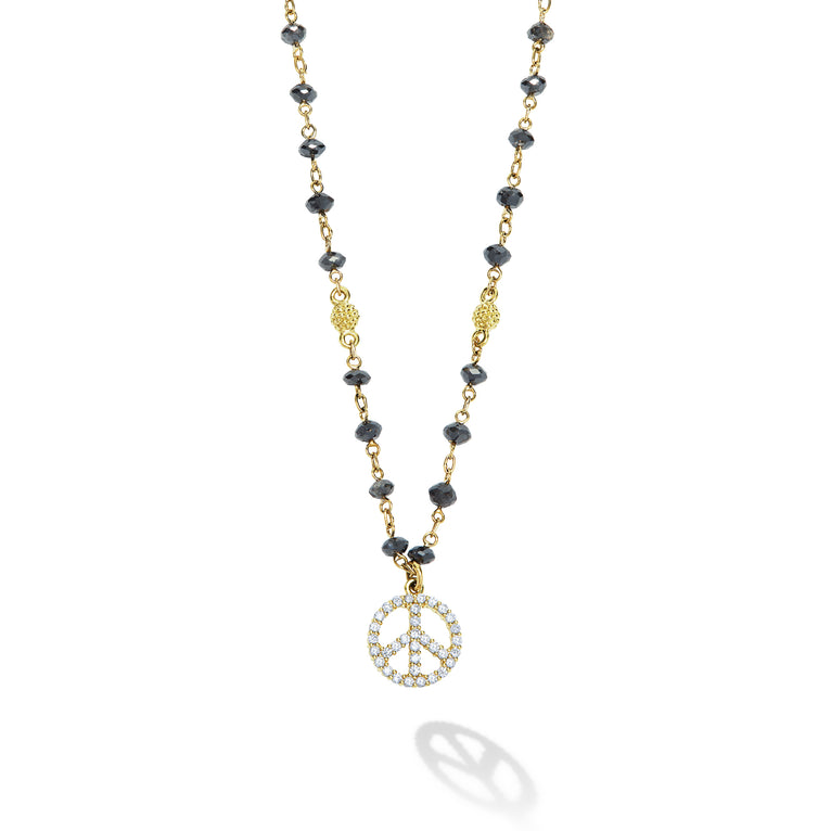 Caviar Gold 18K Gold and Black Spinel Peace Sign Pendant Necklace