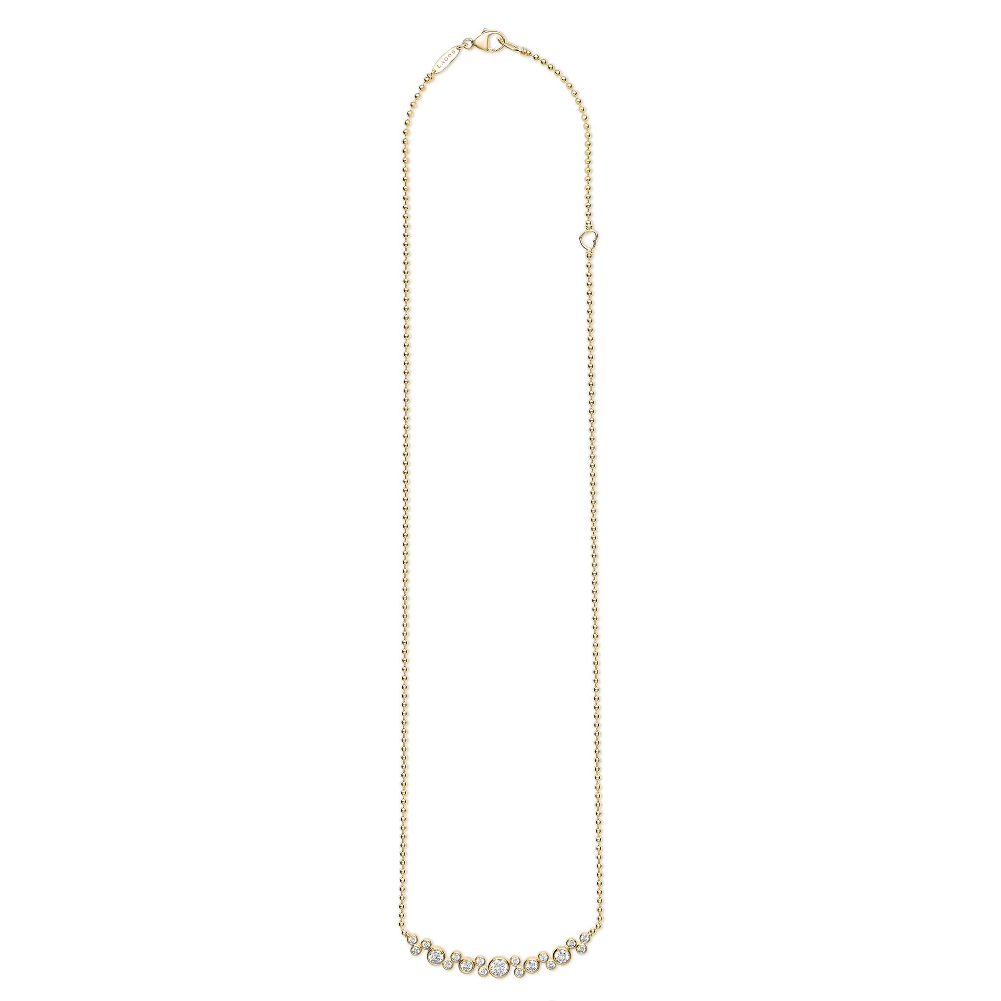 Nineteen bezel-cut diamond horizonal pendant on a 18K gold beaded chain with lobster clasp on white background