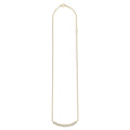 Nineteen bezel-cut diamond horizonal pendant on a 18K gold beaded chain with lobster clasp on white background