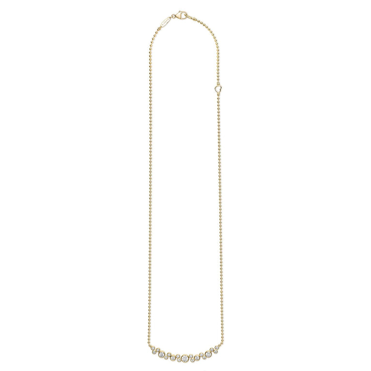 Nineteen bezel-cut diamond horizonal pendant on a 18K gold beaded chain with lobster clasp on white background