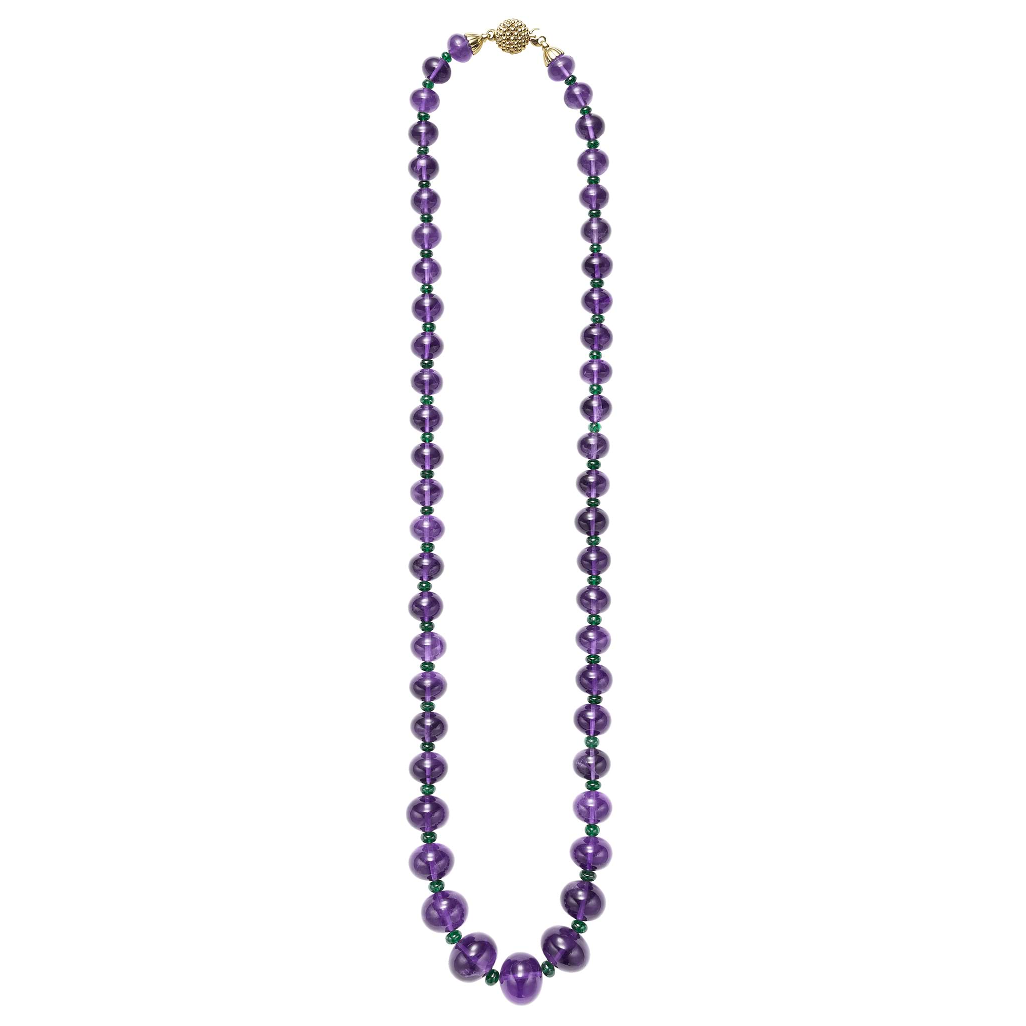 18k gold, smooth amethyst cabochon, and tsavorite garnet gemstones form this statement necklace.