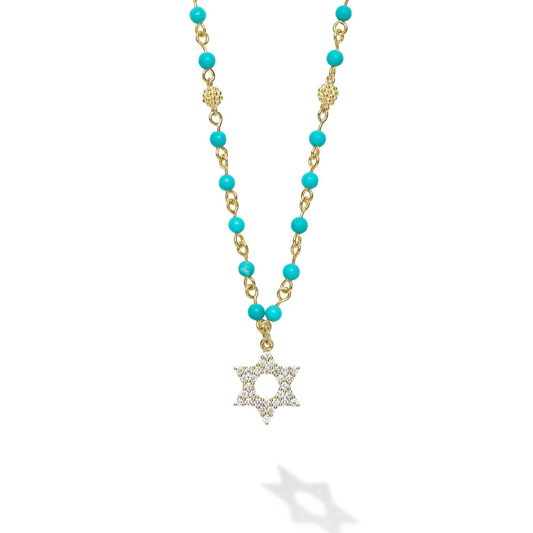 18k gold and black turquoise gemstones accented with round diamonds in a Star of David motif form this pendant necklace. LAGOS diamonds are the highest quality natural stones.