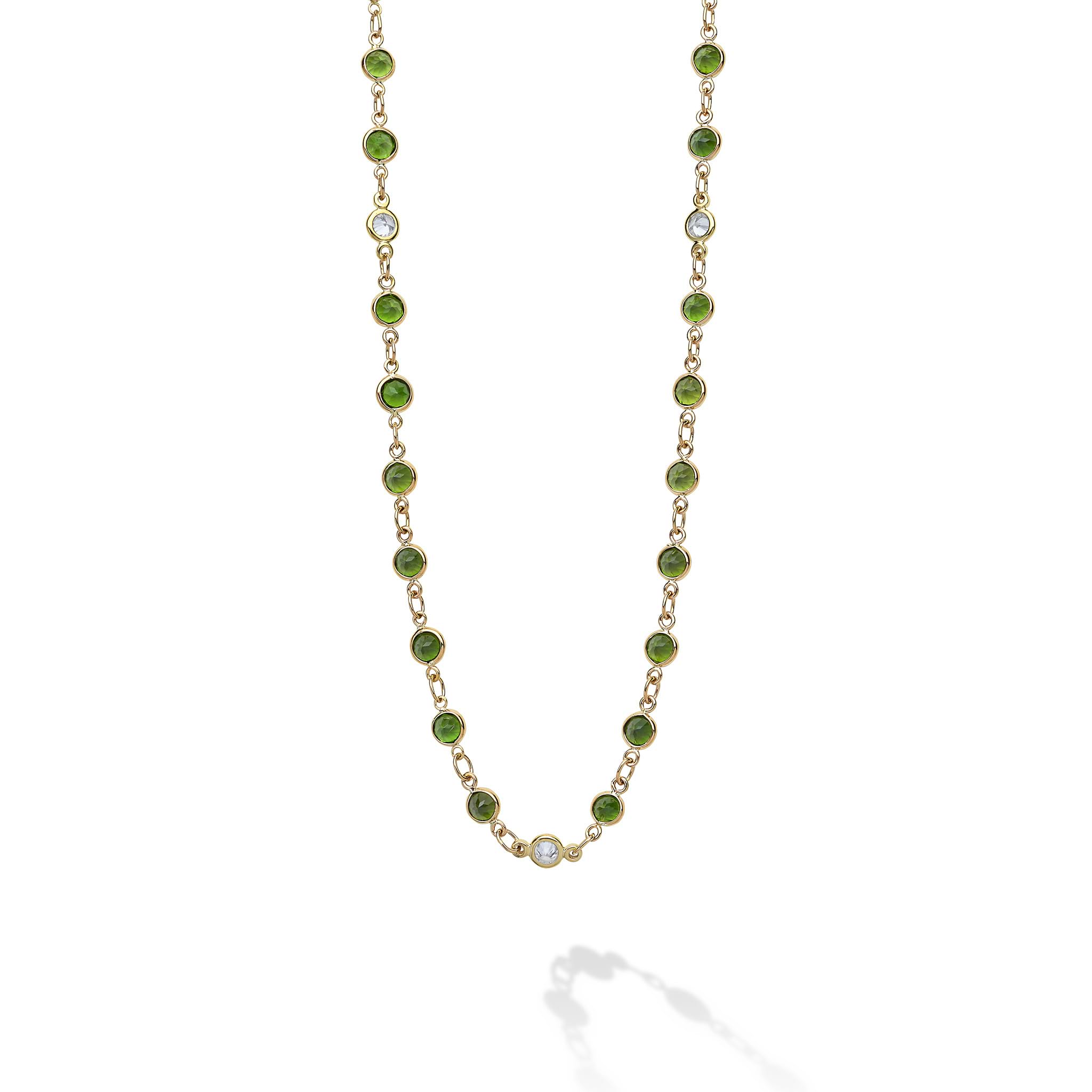 Limited quantities for a limited time! A LAGOS exclusive. Green tourmaline gemstones and diamonds are set in 18K gold to form this 22-inch necklace finished with a signature lobster clasp. LAGOS diamonds are the highest quality natural stones.