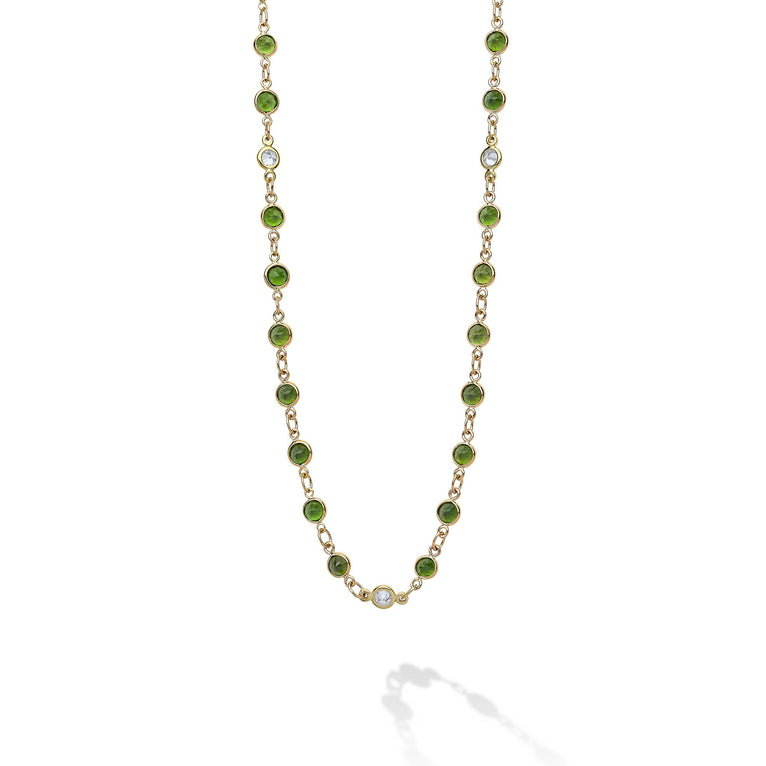 Limited quantities for a limited time! A LAGOS exclusive. Green tourmaline gemstones and diamonds are set in 18K gold to form this 22-inch necklace finished with a signature lobster clasp. LAGOS diamonds are the highest quality natural stones.