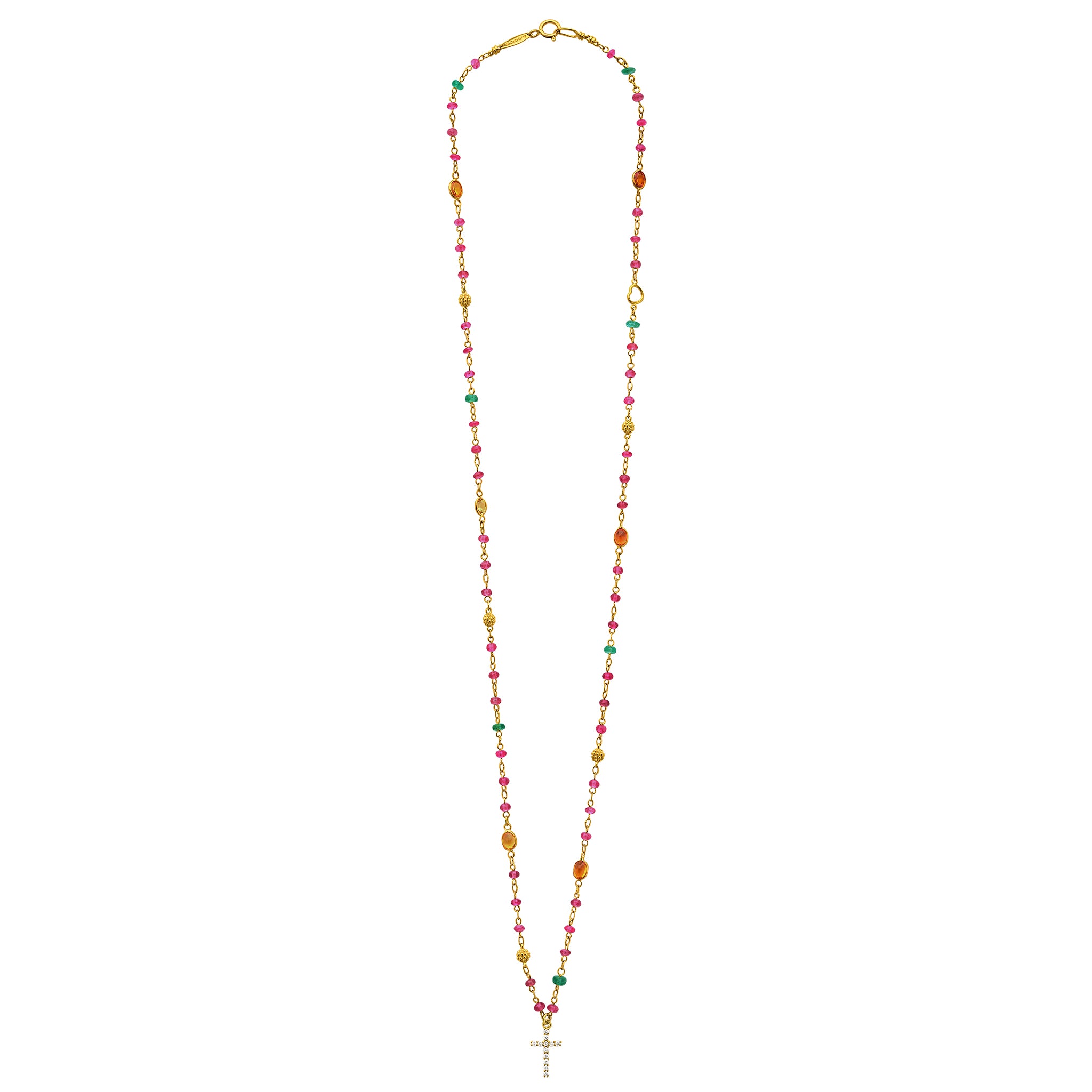 Caviar Gold 18K Gold Ruby, Emerald, and Orange Sapphire Diamond Cross Pendant Necklace