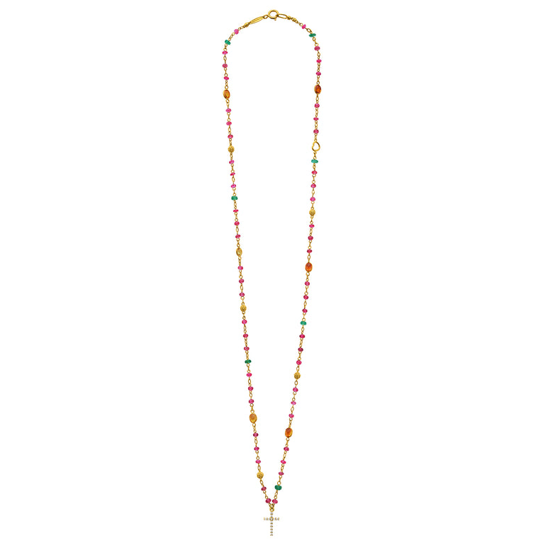 Caviar Gold 18K Gold Ruby, Emerald, and Orange Sapphire Diamond Cross Pendant Necklace