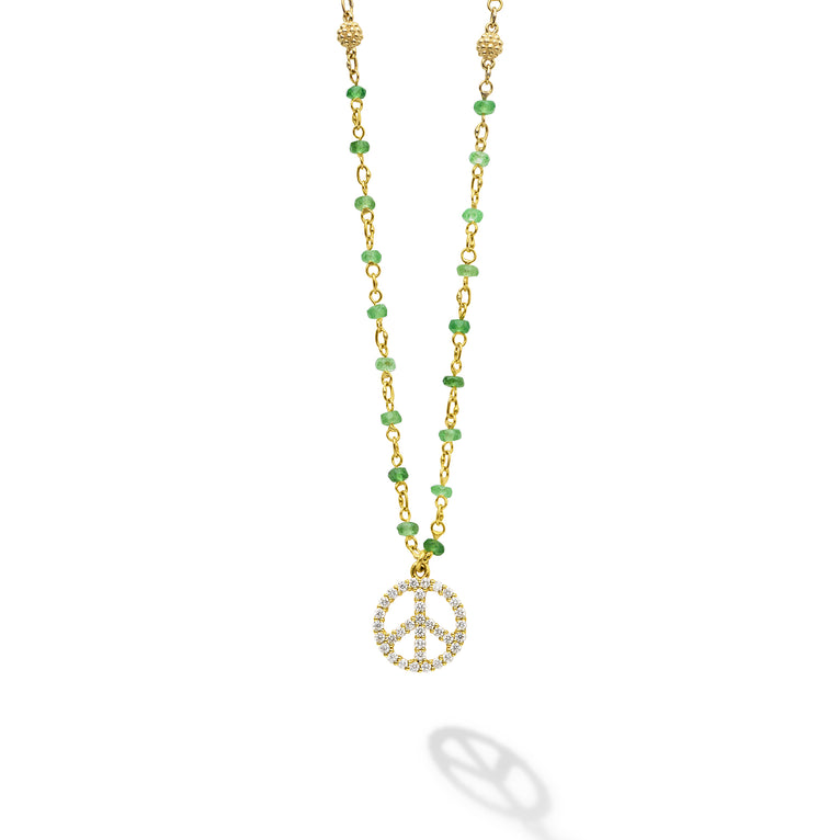Caviar Gold 18K Gold Emerald and Diamond Peace Sign Pendant Necklace