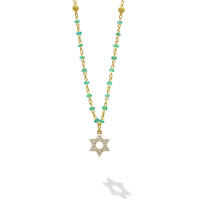 Caviar Gold 18K Gold Emerald Beaded Diamond Star of David Necklace