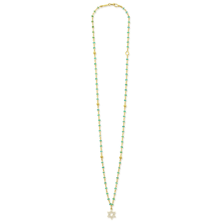 Caviar Gold 18K Gold Emerald Beaded Diamond Star of David Necklace