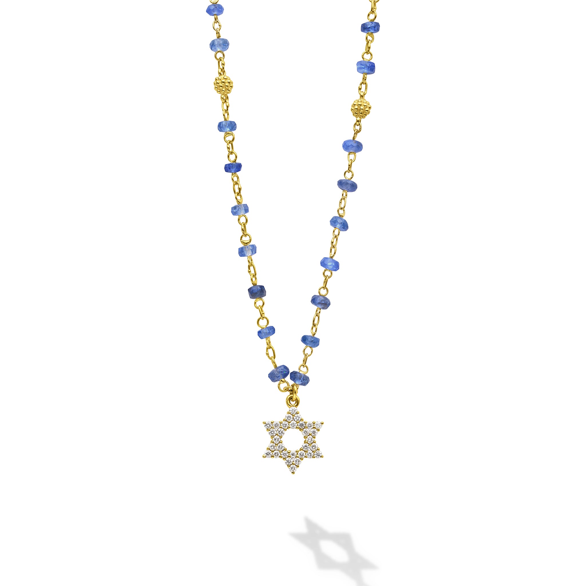 Caviar Gold 18K Gold Diamond and Sapphire Star of David Pendant Necklace
