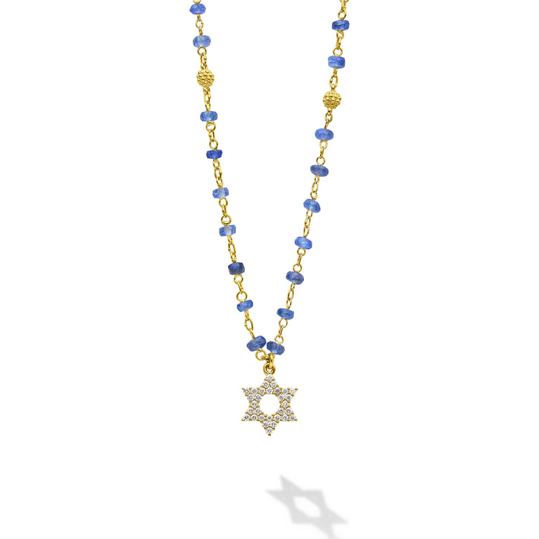 Caviar Gold 18K Gold Diamond and Sapphire Star of David Pendant Necklace