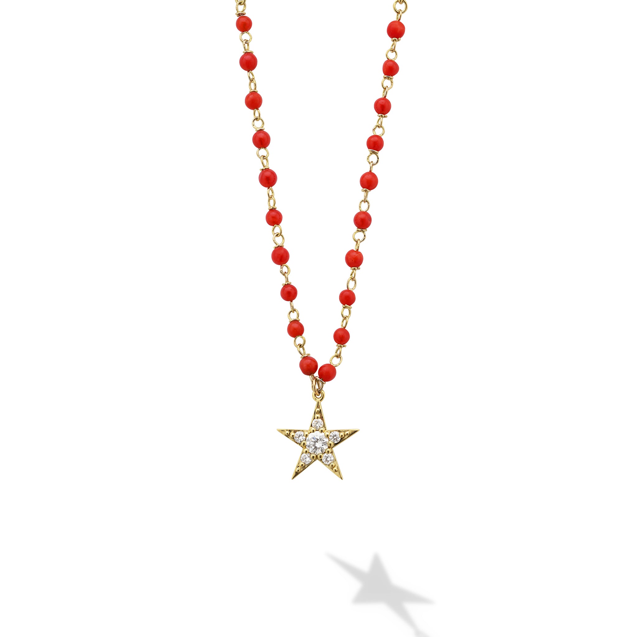 Caviar Gold 18K Gold Coral Beaded Diamond Star Pendant Necklace