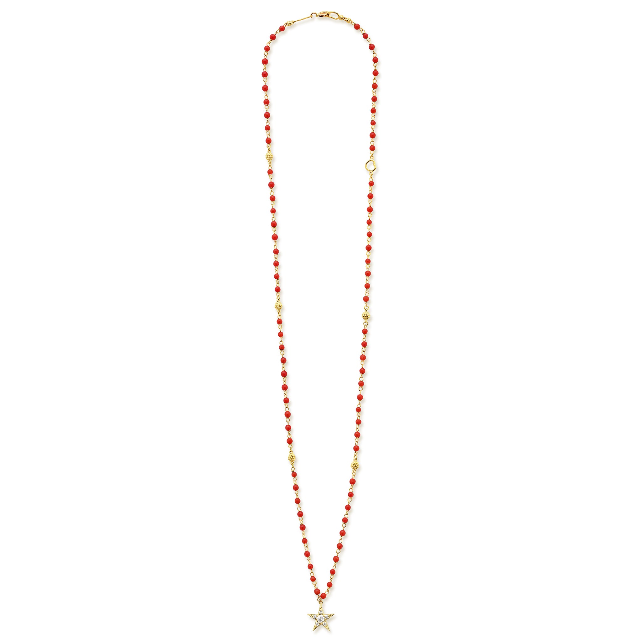 Caviar Gold 18K Gold Coral Beaded Diamond Star Pendant Necklace
