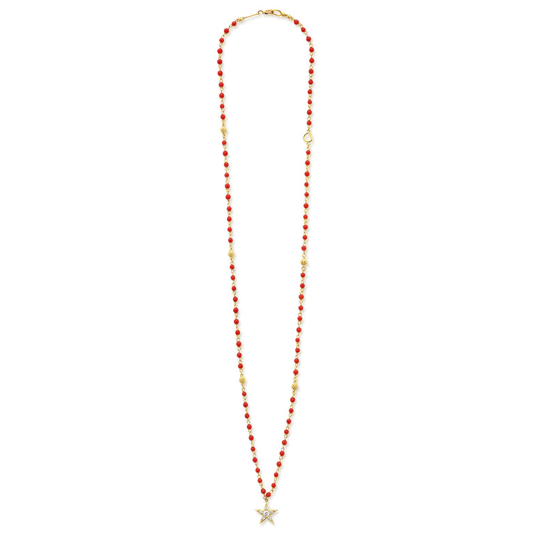 Caviar Gold 18K Gold Coral Beaded Diamond Star Pendant Necklace