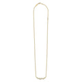 Nine bezel-cut diamond horizonal pendant on a 18K gold beaded chain with clasp on white background