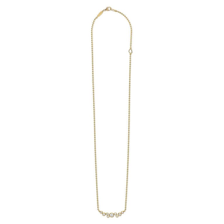 Nine bezel-cut diamond horizonal pendant on a 18K gold beaded chain with clasp on white background