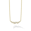 Nine bezel-cut diamond horizonal pendant on a 18K gold beaded chain with white background