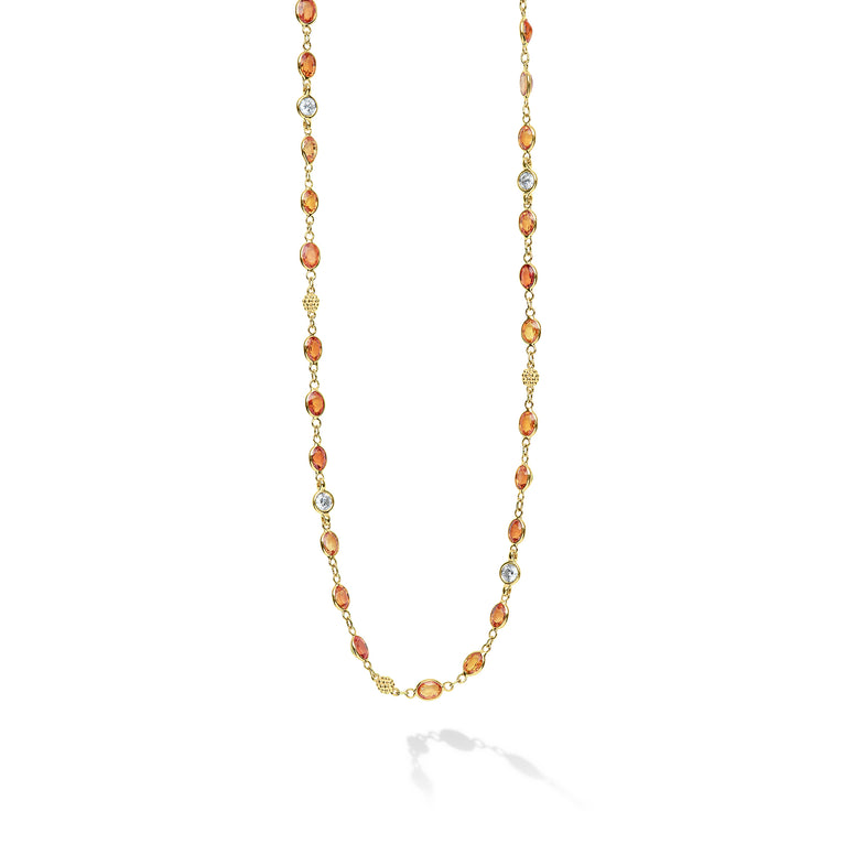 Caviar Gold 18K Gold Orange Sapphire and Diamond Station Necklace