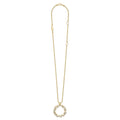 Gold necklace with a circular diamond pendant on a white background