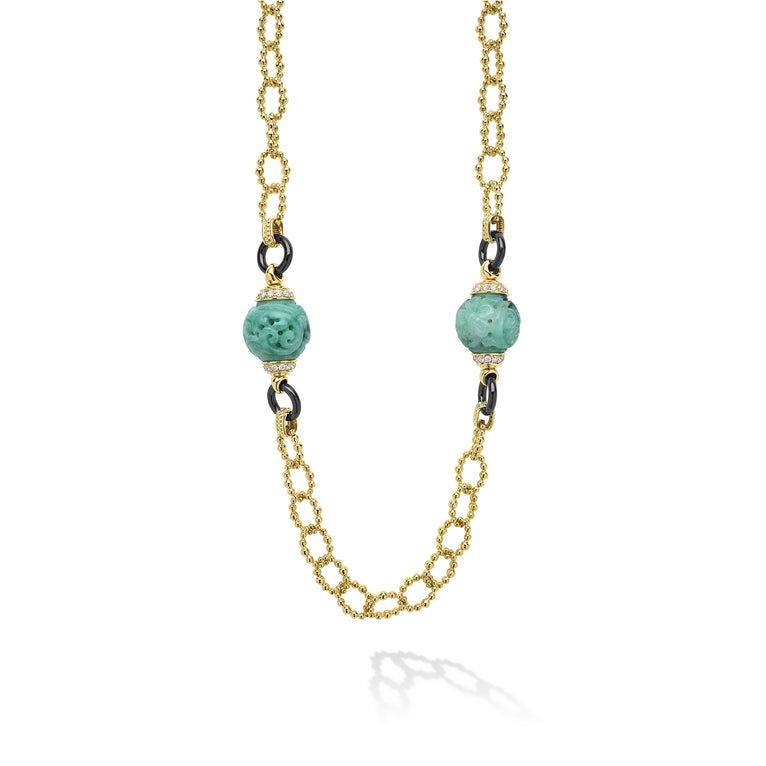 SML 18K Gold Jade Ball and Caviar Beaded Link Necklace