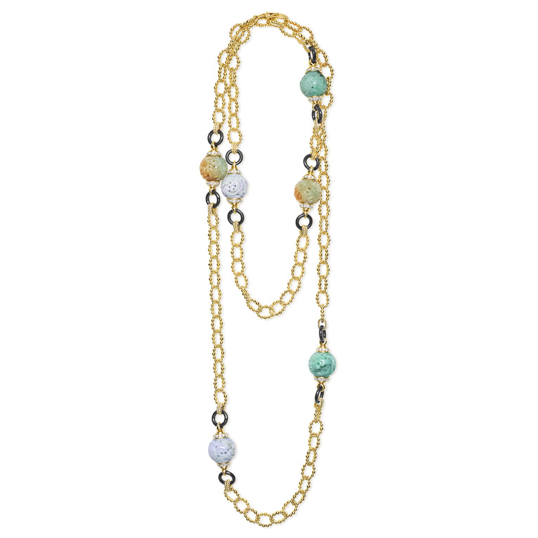 SML 18K Gold Jade Ball and Caviar Beaded Link Necklace
