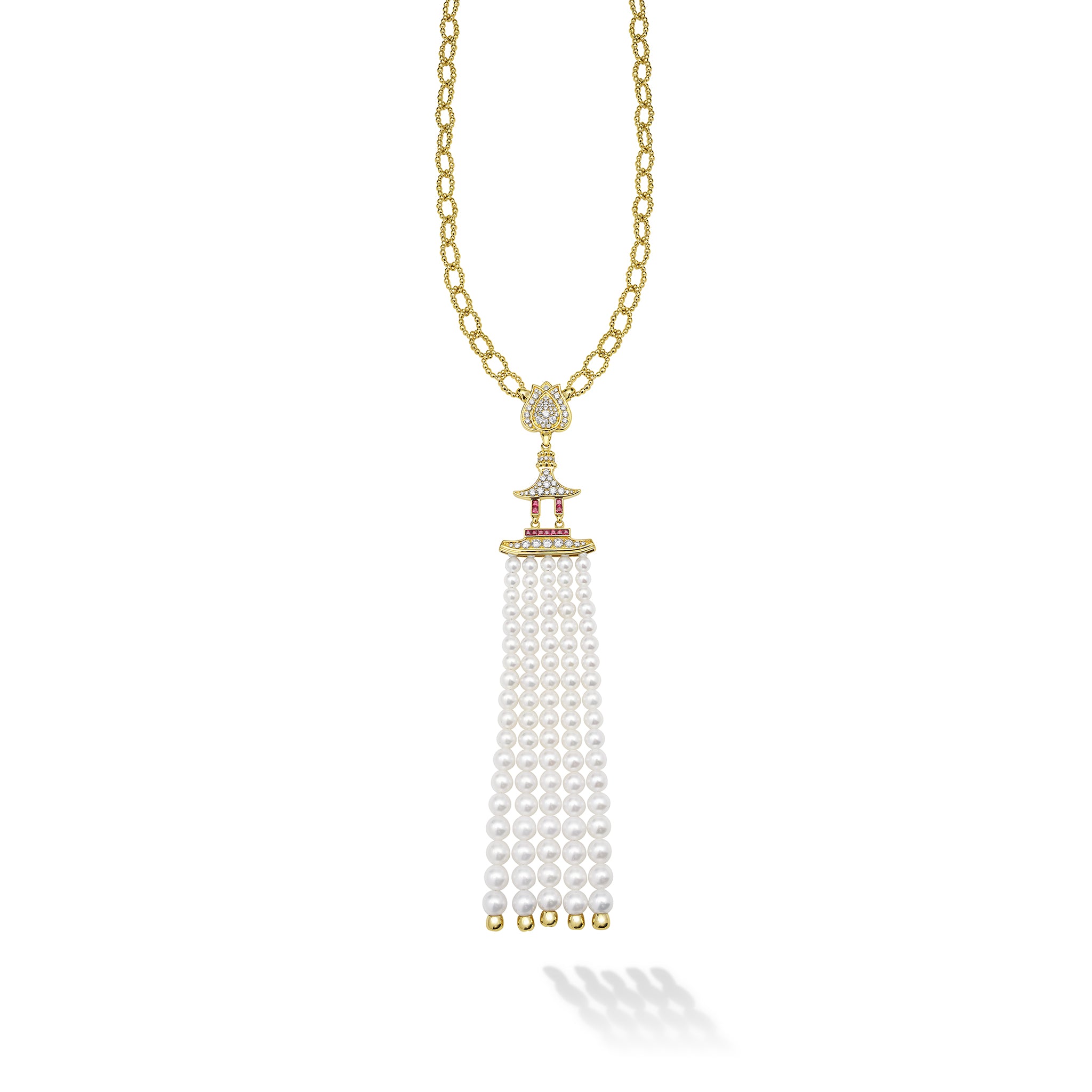 SML 18K Gold Pearl and Ruby Tassel Necklace