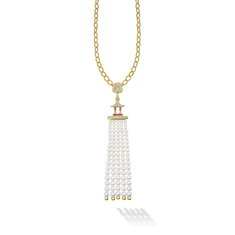 SML 18K Gold Pearl and Ruby Tassel Necklace