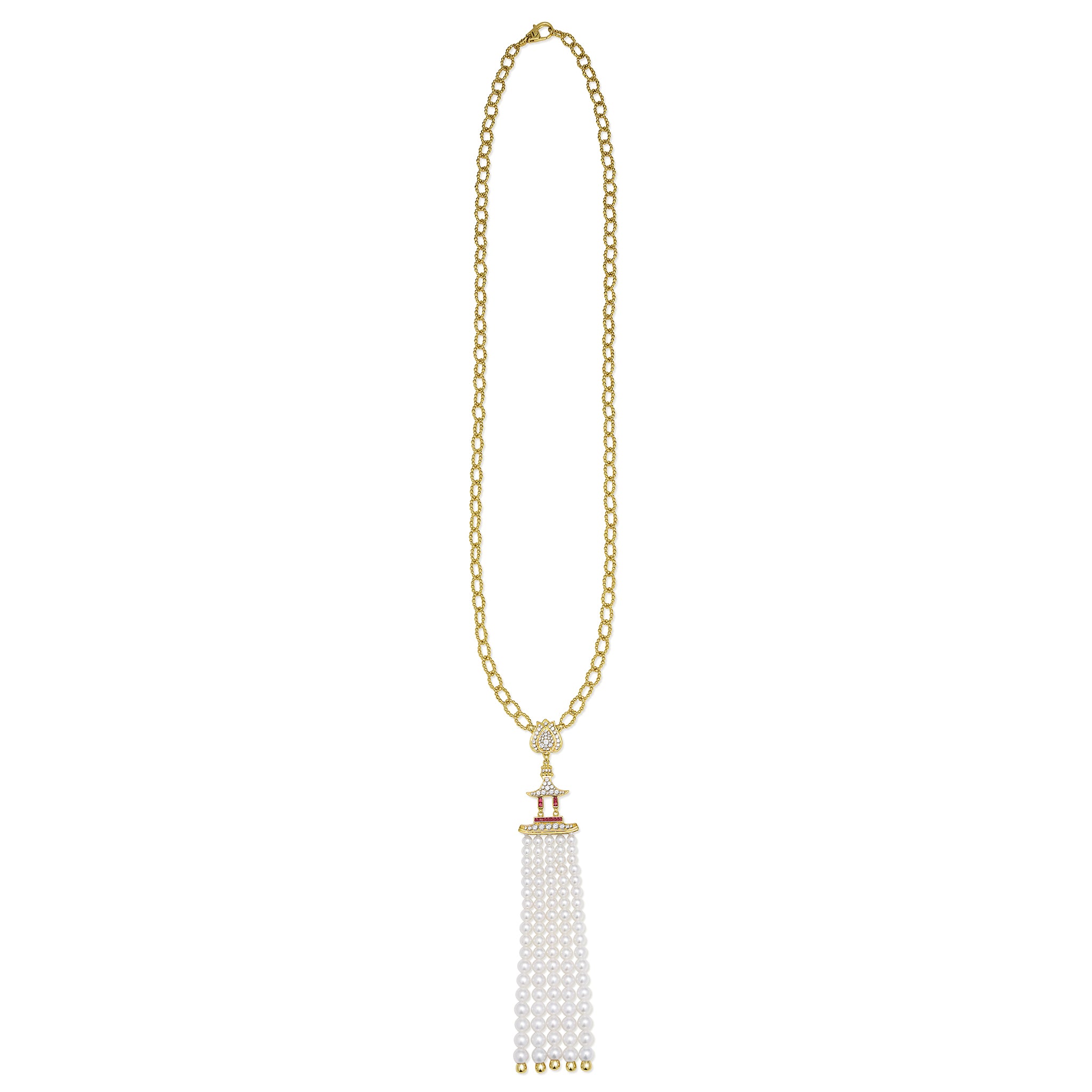 SML 18K Gold Pearl and Ruby Tassel Necklace