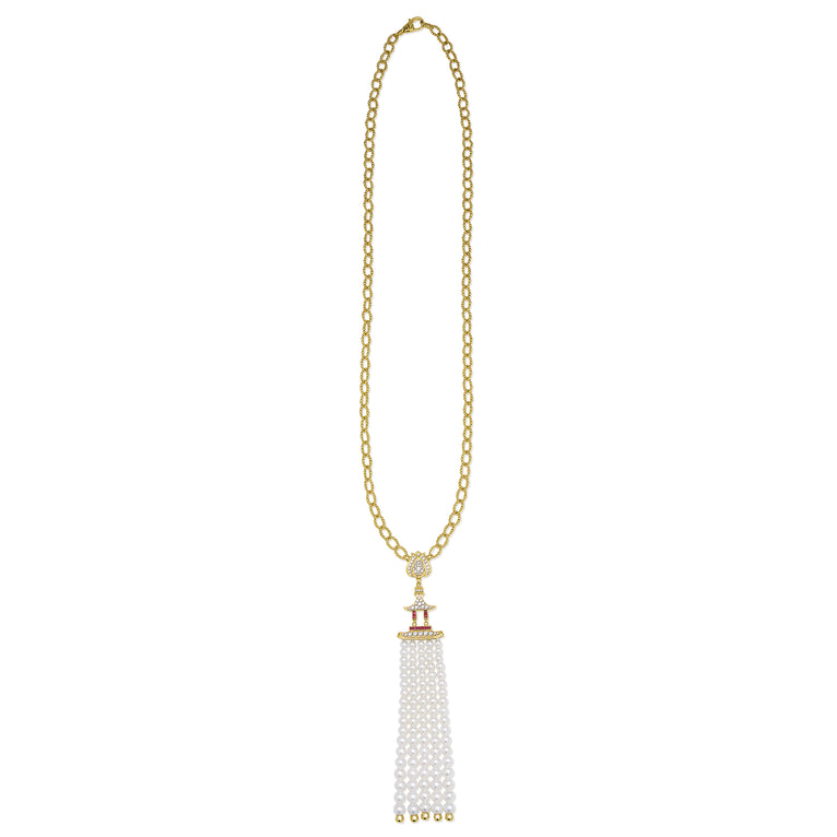 SML 18K Gold Pearl and Ruby Tassel Necklace