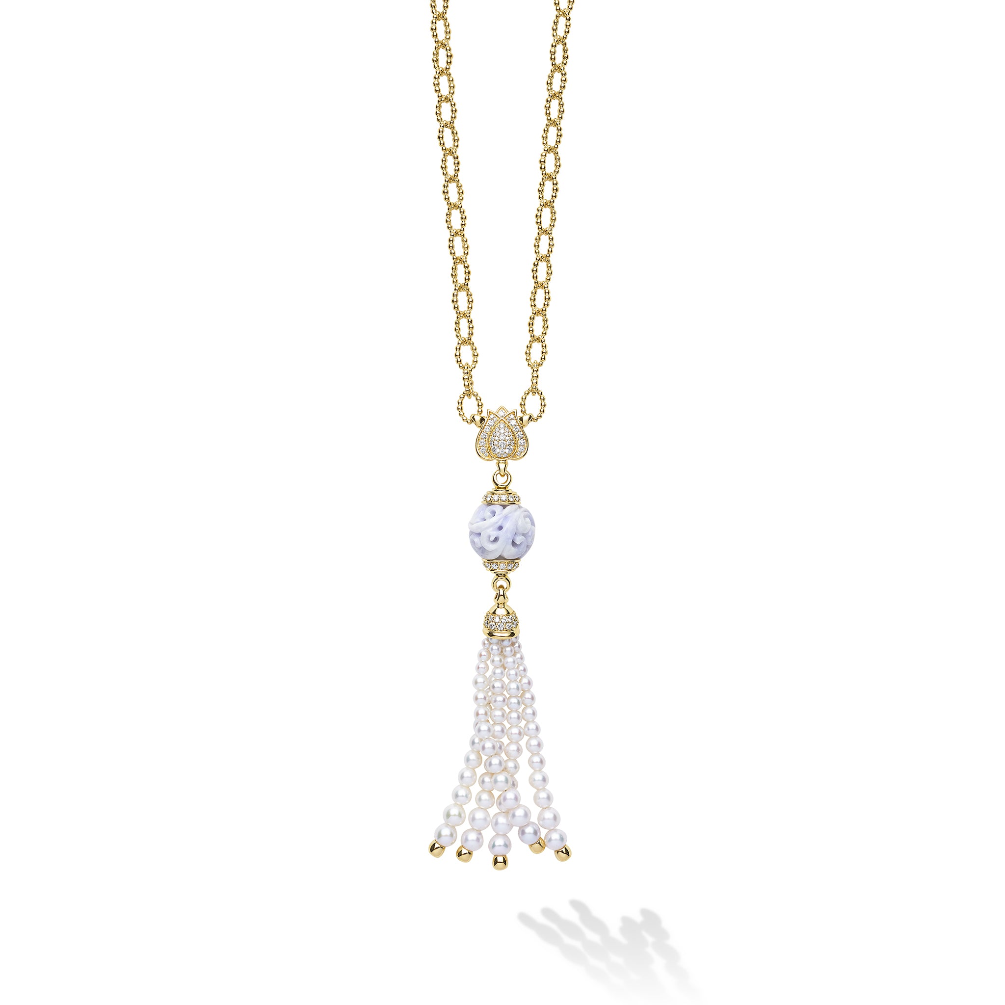SML 18K Caviar Gold Lotus & Lavendar Jade Tassel Necklace