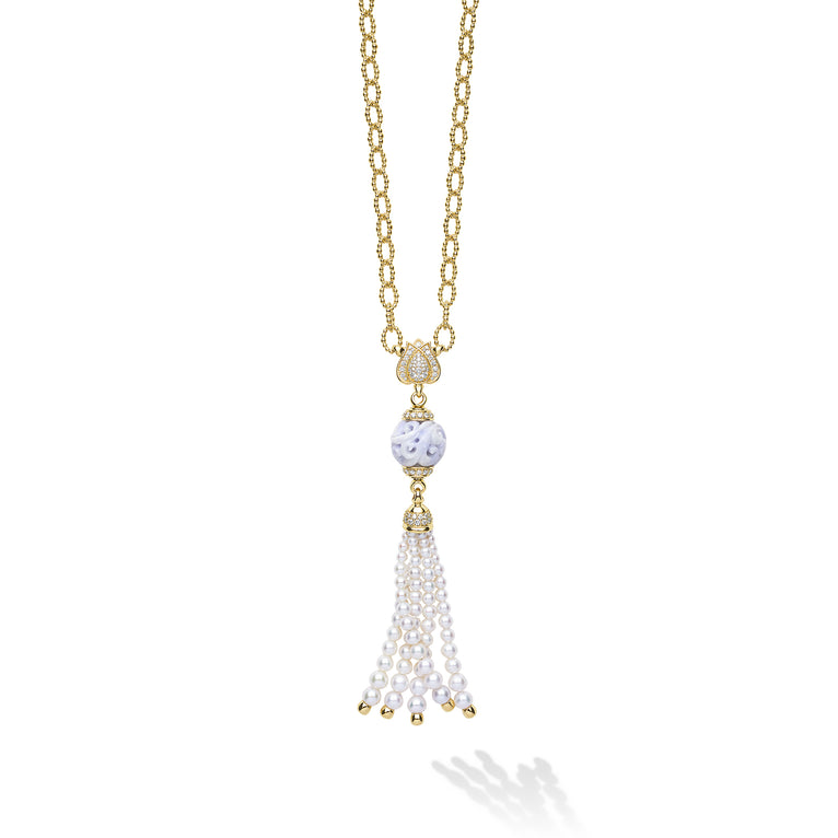 SML 18K Caviar Gold Lotus & Lavendar Jade Tassel Necklace