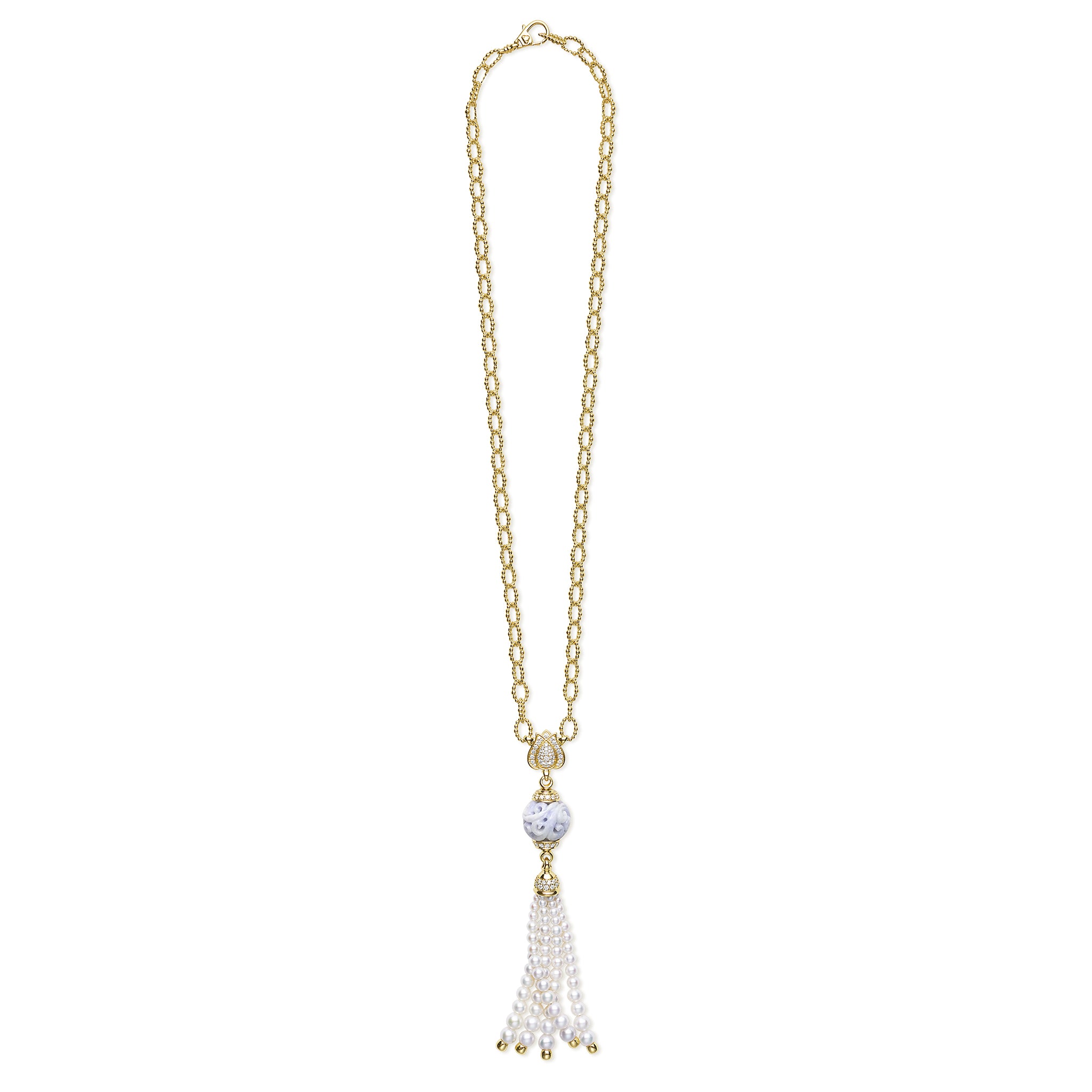 SML 18K Caviar Gold Lotus & Lavendar Jade Tassel Necklace