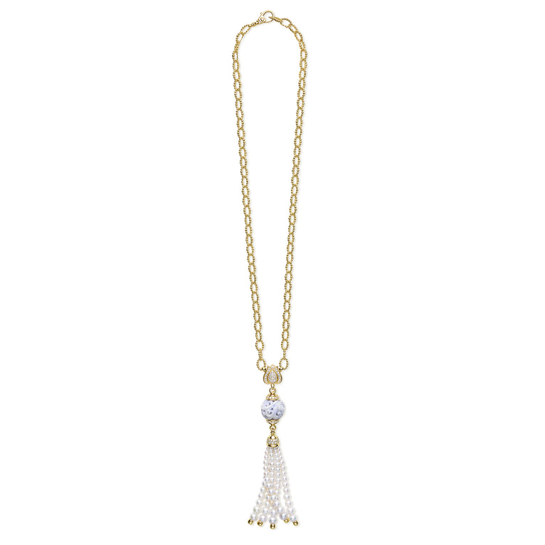 SML 18K Caviar Gold Lotus & Lavendar Jade Tassel Necklace