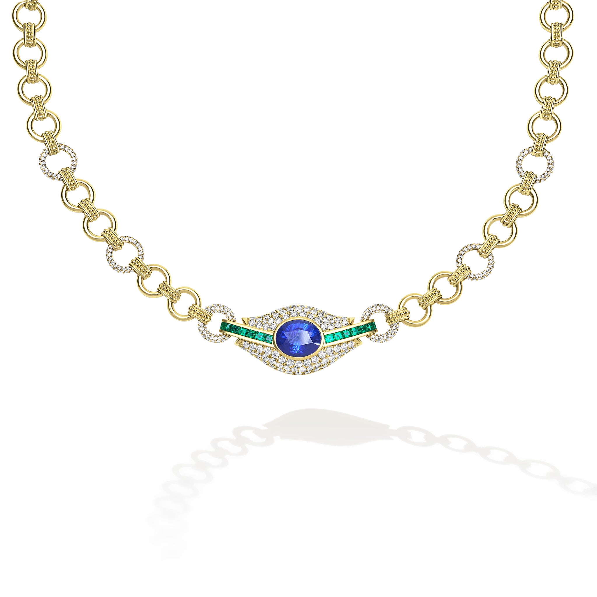 SML 18k Gold Sapphire and Emerald Chain Necklace