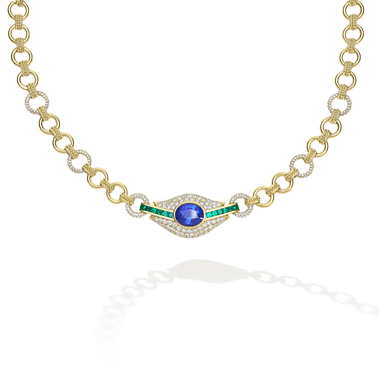 SML 18k Gold Sapphire and Emerald Chain Necklace