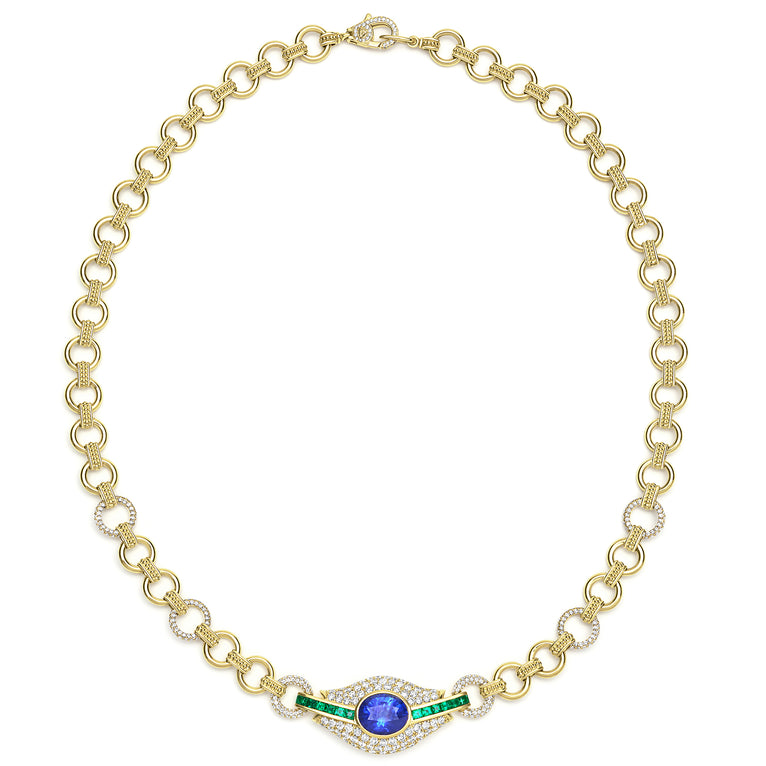 SML 18k Gold Sapphire and Emerald Chain Necklace
