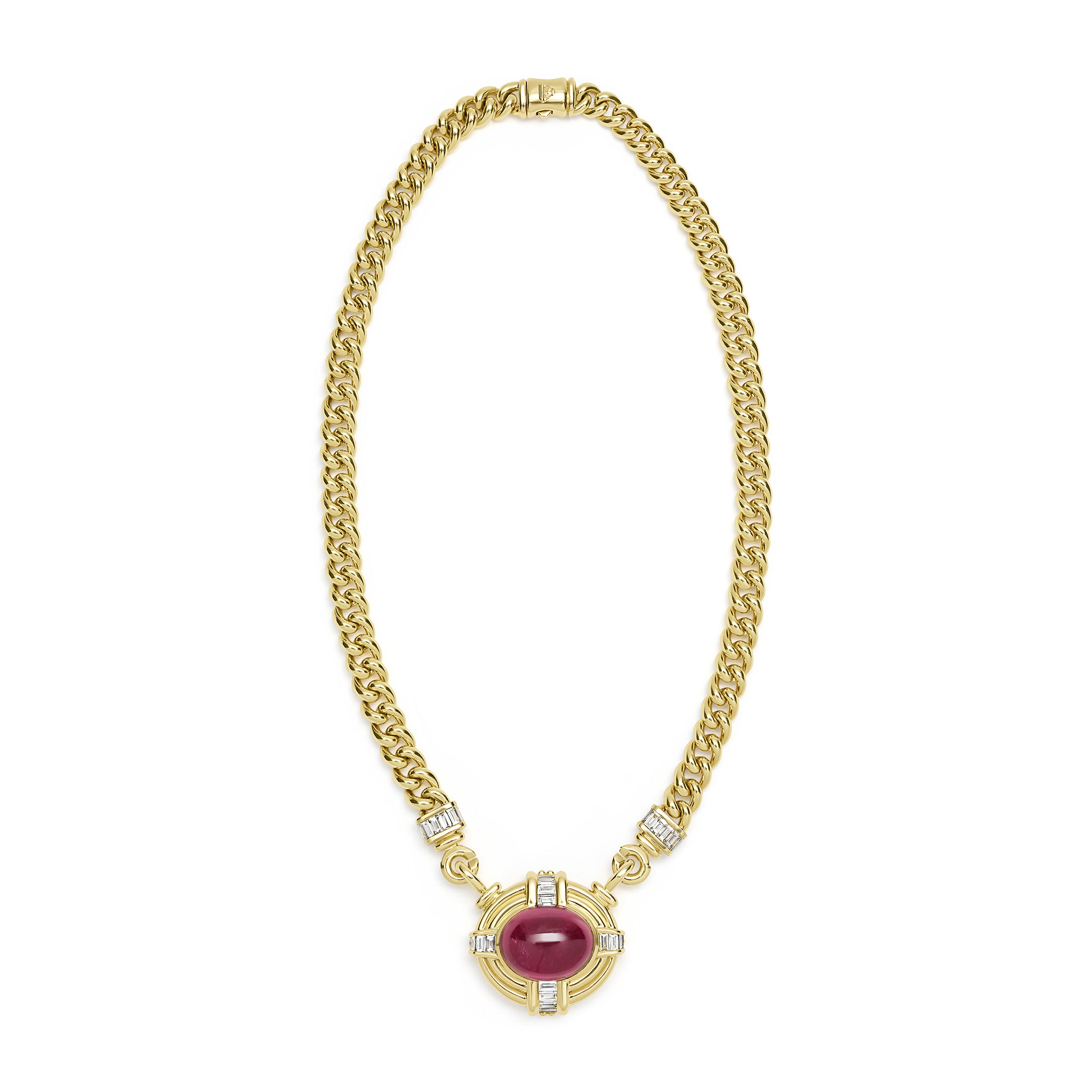 SML 18K Gold Rubellite Cabochon and Diamond Necklace