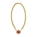 SML 18K Gold Rubellite Cabochon and Diamond Necklace