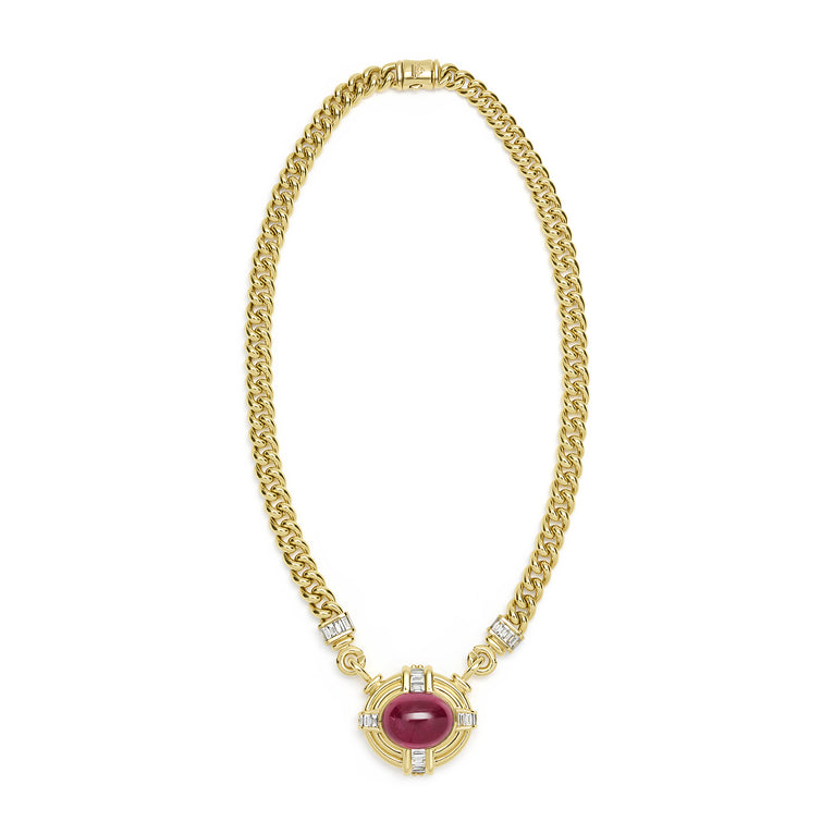SML 18K Gold Rubellite Cabochon and Diamond Necklace