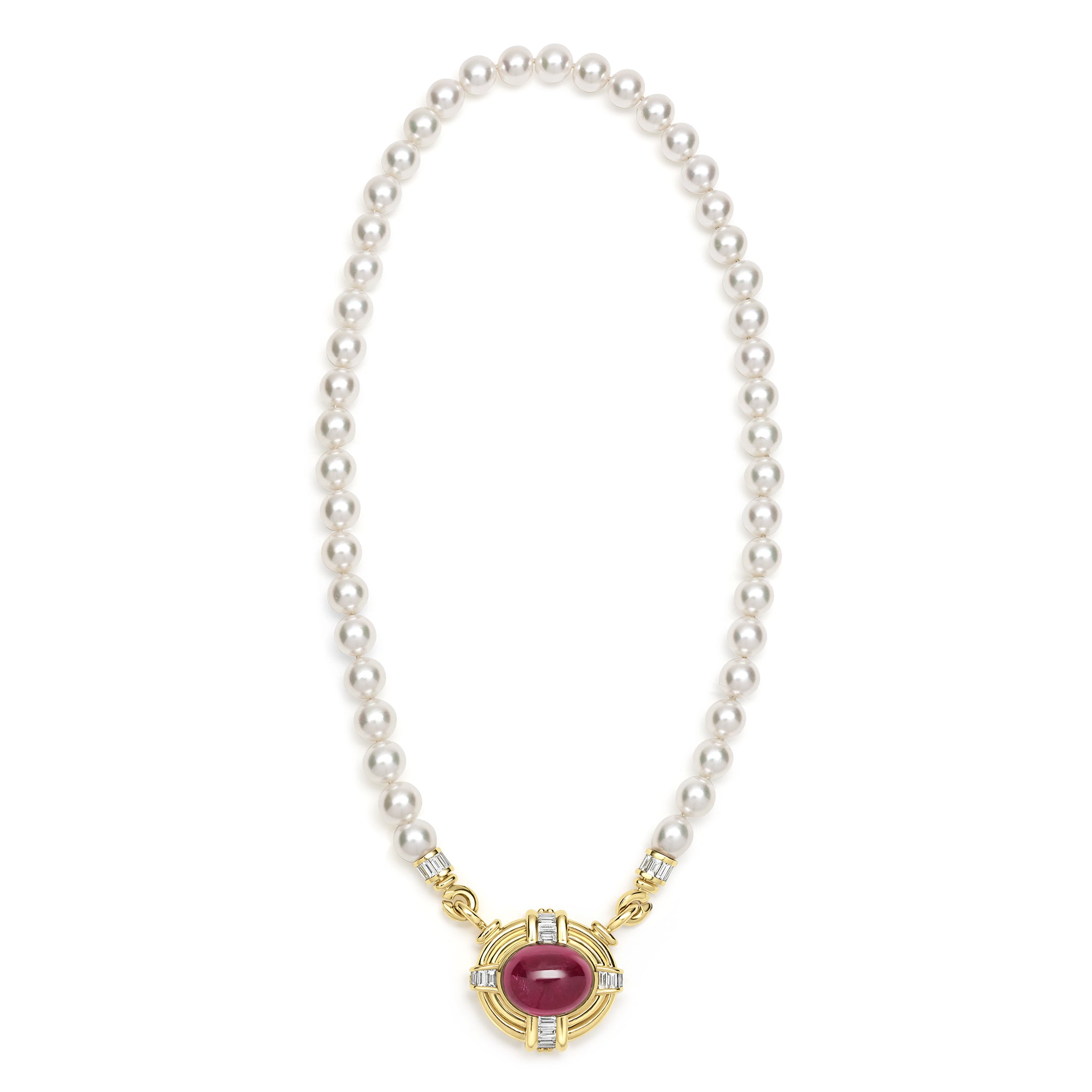 SML 18K Gold Rubellite Cabochon and Diamond Necklace